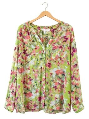 Flowy Relaxed Fit Zac & Rachel Floral Blouse 1X Green Pink Roll Lightweight Top